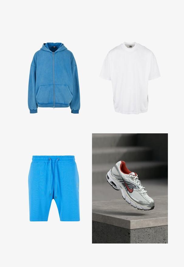Blauwe zip-up hoodie van zachte katoen met een comfortabele pasvorm, voorzakken en ribbels aan de mouwen. Bevat een capuchon met een contrasterende binnenvoering.; Witte katoenen t-shirt met een relaxte pasvorm, korte mouwen en een ronde halslijn, met een rechte zoom en geen zichtbare grafische afbeeldingen of patronen.; Blauwe katoenen shorts met een elastische tailleband, een trekkoordsluiting en subtiele grafische details aan de zijkant. Gladde textuur en ontspannen pasvorm.; Witte en zilveren Nike hardloopschoen met rode accenten die zweeft boven een betonnen rand, waarbij de zijkant en zool details worden getoond.