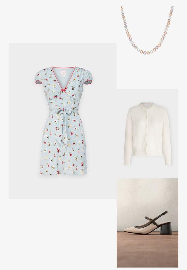 Kvinders cremefarvede cardigan med knapper, lange ærmer og ribstrikkede manchetter og kant.; Lys blå kort kjole med blomstermønster, puffede ærmer, v-hals og rød kant. Har en bundet talje-detail og er lavet af et glat stof.; Beige høje hæle slingback-sko med spids tå, sort kant og spænde detalje. Glat materiale med mat finish, mellemstor blokhæl.; Perlerække med skiftende nuancer af lavendel, fersken, hvid og fløde, ensartet størrelse med en glat, glansfuld overflade.