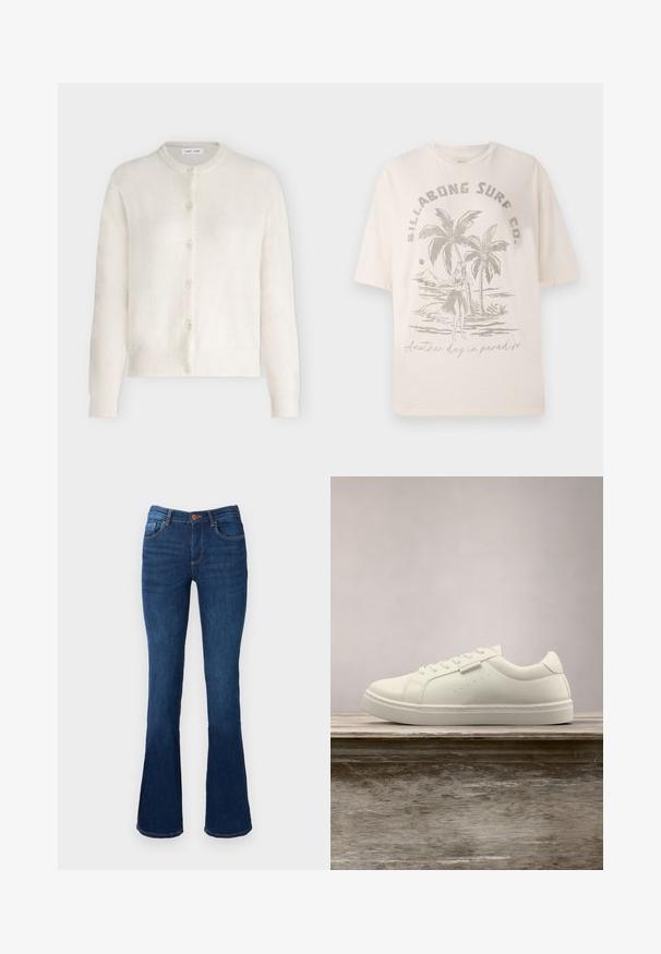 Crèmekleurige damesvest met knopen, lange mouwen en geribde boorden en zoom.; Crème-kleurig katoenen t-shirt met korte mouwen, voorzien van een graphic van palmbomen en een figuur op de voorkant, met de tekst "Nog een dag in het paradijs."; Uitlopende blauwe denim jeans met een middelhoge taille, voorzien van voor- en achterzakken, oranje stiksels en een knoopsluiting.; Witte leren sneaker met veters die boven een houten bank zweeft, met groen lang gras dat op de achtergrond vervaagd is in de buitenlucht.