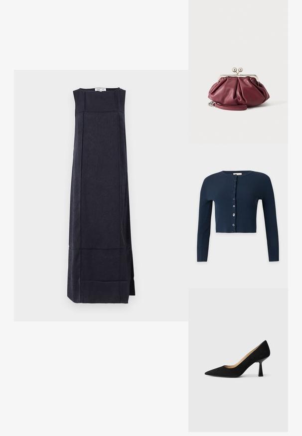 Cardigan court côtelé bleu marine avec manches longues et fermeture à boutons dépareillés sur le devant.; Robe sans manches bleu marine à silhouette droite, en tissu texturé avec des motifs subtils et une longueur au genou.; Pompe à talons hauts en suède noir avec un bout pointu, dotée d'un talon bloc noir brillant et d'une doublure intérieure lisse.; Petite pochette en cuir bordeaux avec fermoir en métal argenté et bracelet pour poignet sur fond blanc.