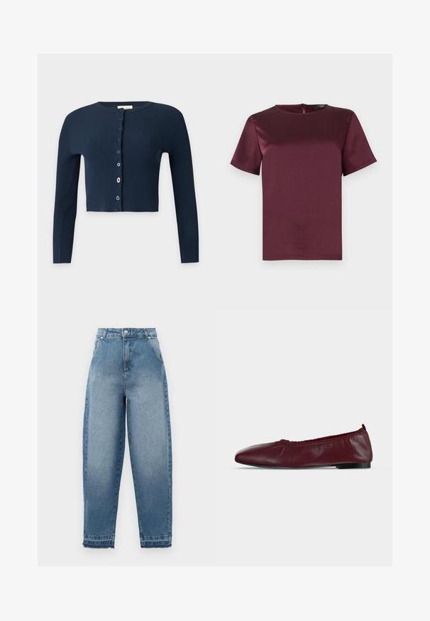 Marineblauw geribd kort vestje met lange mouwen en een knoopsluiting aan de voorkant met verschillende knopen.; Bordeauxkleurig T-shirt met korte mouwen, een ronde hals, een gladde, satijnachtige textuur en een ritssluiting aan de achterkant. Geen patronen of versieringen.; Lichtblauwe denim jeans met een hoge taille, losse pasvorm, vijfzakkenontwerp en rafelige zoom. Kenmerkt klassieke stiksels en een ritssluiting.; Bordeauxrode leren ballerina met geplooide elastische bovenrand en dunne zwarte zool op witte achtergrond.