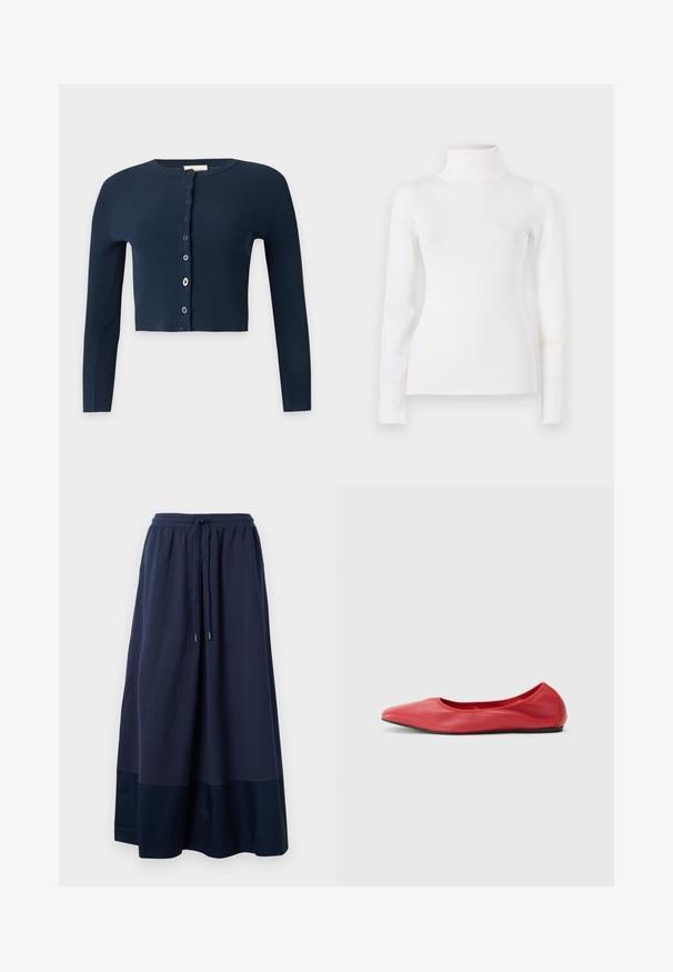 Marineblauw geribd kort vestje met lange mouwen en een knoopsluiting aan de voorkant met verschillende knopen.; Witte coltrui, aansluitende pasvorm, lange mouwen, zachte textuur, gladde stof, minimale details, ribgebreide boorden en kraag.; Navyblauwe maxi rok van zachte stof, met een elastische tailleband en een trekkoord, en een donkerdere blauwe paneel aan de zoom.; Filippa K REY FLATS - Ballerina's - bright red
