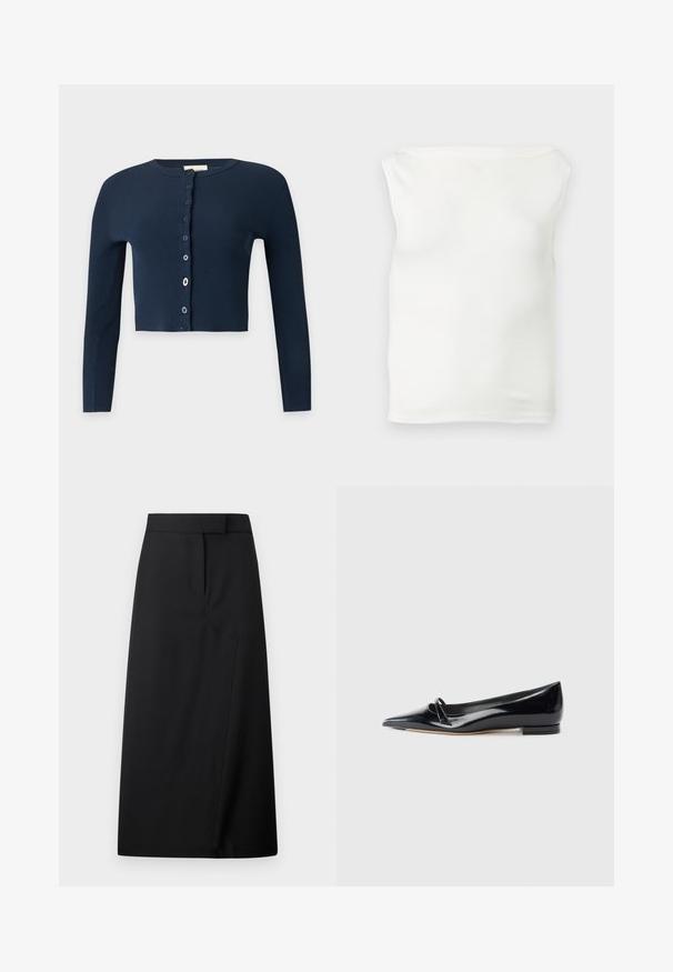 Cardigan court côtelé bleu marine avec manches longues et fermeture à boutons dépareillés sur le devant.; Top tube blanc ajusté sans bretelles avec un décolleté droit et un tissu lisse, présenté sur un fond clair.; Jupe midi noire taille haute avec un devant épuré, un détail de couture subtil et un ourlet droit sur un fond clair.; Chaussure plate en cuir verni noir avec un bout pointu, une petite lanière décorative et un petit talon carré. Texture lisse et design épuré.