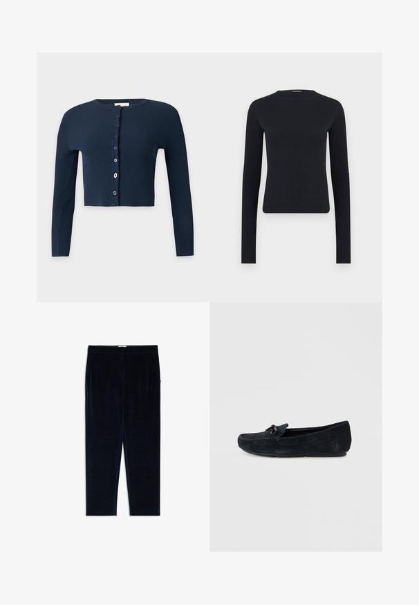 Mørkeblå ribstrikket kort cardigan med lange ærmer og foran med knaplukning med forskelligfarvede knapper.; Sort langærmet tætsiddende crop-top med rund halsudskæring, lavet af ribstrikket stof, vist på ensartet lysegrå baggrund.; Marineblå fløjlsbukser med en glat tekstur, slim fit og sidelommer. Har en flad talje og et lige bendesign.; Sort ruskind loafersko med rundet tå, dekorativ sløjfe foran og kontrasterende syninger. Flad sål og glat tekstur.
