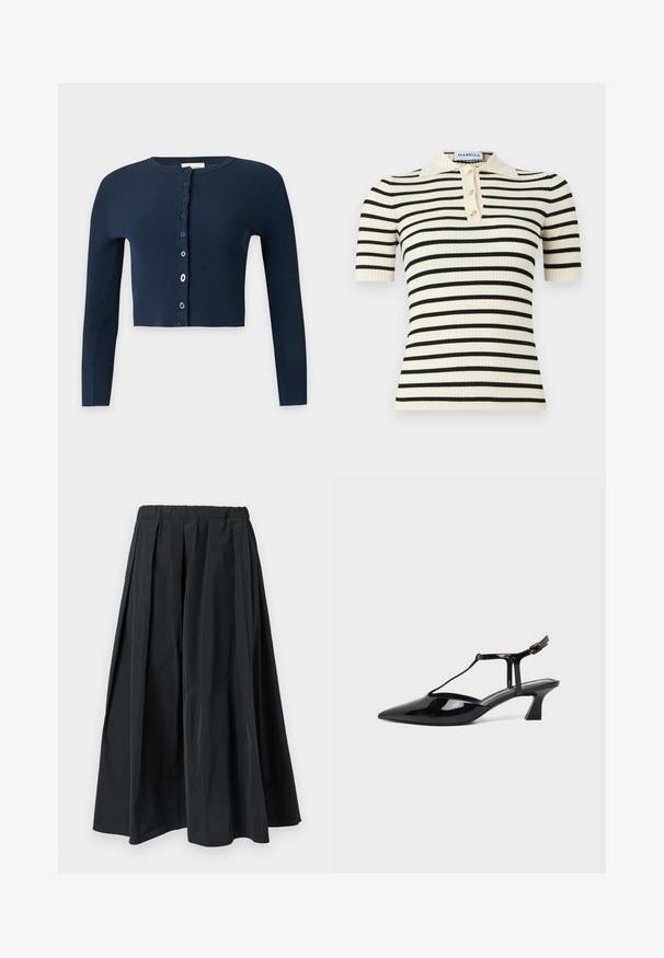 Cardigan court côtelé bleu marine avec manches longues et fermeture à boutons dépareillés sur le devant.; Polo à manches courtes côtelées avec une base crème et des rayures horizontales noires. Comprend également trois boutons dorés et un col.; Pantalon noir à jambes larges plissé avec une ceinture élastique, fabriqué en tissu léger, suspendu sur un fond blanc uni.; Chaussure slingback en cuir verni noir à bout pointu avec bride en T et petit talon bloc incliné sur fond blanc.