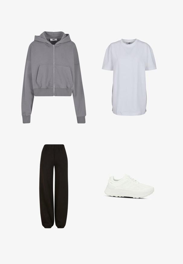 Grå cropped hoodie med lynlås, forlommer, lange ærmer og ribbede manchetter. Fremstillet af blødt stof med en glat tekstur.; Enkel hvid T-shirt med korte ærmer og rund hals, med en lige kant forneden og et lille synligt mærke inde i kraven.; Sorte løse sweatpants lavet af blødt stof, med elastisk talje og elastiske manchetter ved anklerne for en behagelig pasform.; Hvide atletiske sko med en tekstureret overdel og mesh-paneler, snørebåndsdesign, polstret sål og diskret logo på hælen.