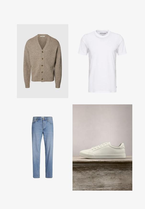 Beige gebreid vest met V-hals, lange mouwen, vijf knopen aan de voorkant en geribbelde boorden en zoom.; Witte korte mouwen t-shirt van katoen, met een ronde hals en een eenvoudig ontwerp. Merktag zichtbaar op het nekgebied. Geen patronen of accenten.; Lichtblauwe denim jeans met een rechte snit, standaard vijf-pocketontwerp en zichtbare stiksels. Geen onderscheidende patronen of accenten.; Witte vetersneaker die boven een houten bank zweeft met groene bladeren op de achtergrond, waarbij het ontwerp en de textuur van de schoen worden getoond.