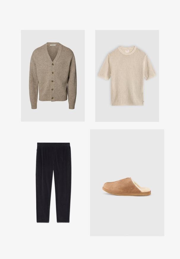 Cardigan beige en maille avec col en V, manches longues, cinq boutons sur le devant, poignets et bas en côtes.; Pull en maille beige à manches courtes avec un col rond et un motif en maille ajourée texturé, posé à plat sur un fond clair.; Pantalon en velours côtelé noir avec une ceinture élastique et des poches latérales, présenté à plat sur un fond blanc.; Chausson en daim marron à enfiler avec une doublure douce en polaire couleur crème et une semelle en caoutchouc, présenté de profil sur un fond blanc.