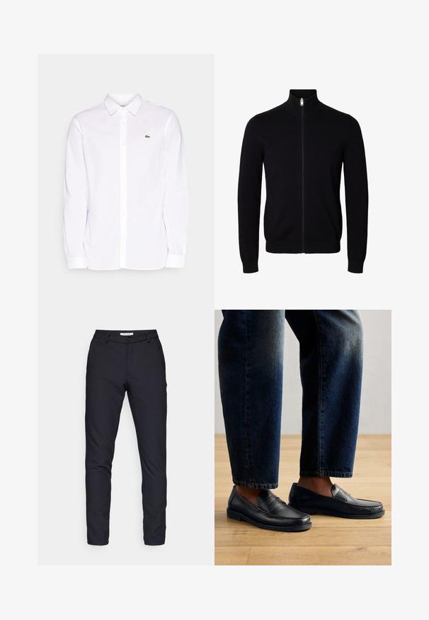 Jersey negro de manga larga con cremallera, cuello alto y puños y bajo acanalados, mostrado sobre un fondo blanco liso.; Camisa blanca de manga larga hecha de algodón, que presenta un collar tipo button-down, un logo bordado verde en el lado izquierdo del pecho y puños rectos.; Pantalones negros de tela sólida, con cremallera en la bragueta, cierre de botón, trabillas para el cinturón y perneras rectas sin patrones ni texturas visibles.; Mocasines de cuero negro con detalles de costura y acentos texturizados, combinados con denim oscuro, mostrando un diseño casual y estilizado.
