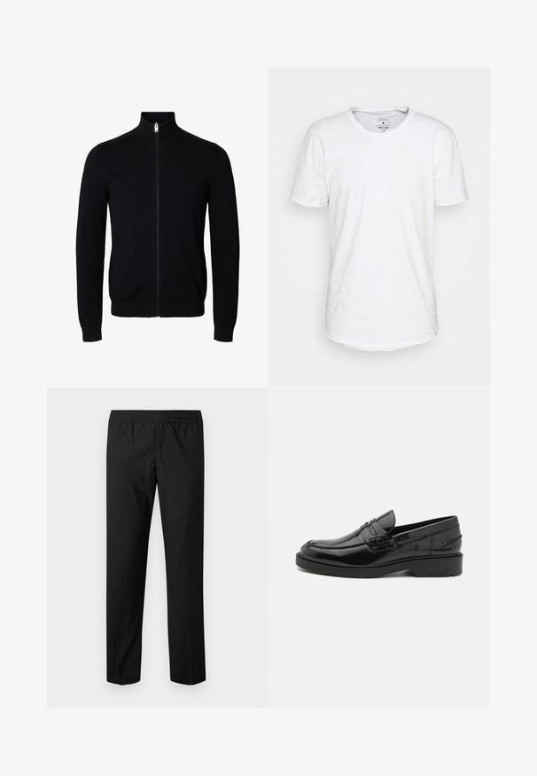 Sort langærmet lynlåstrøje med høj krave og ribstrikkede manchetter og kant, vist på en ens hvid baggrund.; Hvid kortærmet T-shirt lavet af bomuld med en klassisk rund halsudskæring. Har en let buet kant og minimale syninger.; Sorte bukser med lige ben og elastisk taljebånd, ingen synlige lommer eller pynt.; Sorte læder loafers med en glat finish, rund tå, lav hæl og dekorativ syning langs forsiden. Gummisål for godt greb.