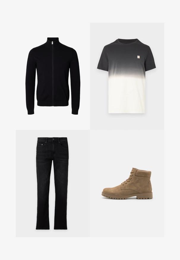 Zwarte lange mouwen sweater met rits, hoge kraag en geribde manchetten en onderkant, getoond op een effen witte achtergrond.; T-shirt met korte mouwen met een zwart-wit verloop, ronde hals en klein rechthoekig label op de linkerbovenborst.; Zwarte straight-leg jeans met voor- en achterzakken, knoop- en ritssluiting, plat neergelegd op een lichte achtergrond. Geen zichtbare slijtage of merklogo.; Tan suède enkellaarsjes met een ronde neus, een gevoerde kraag, zes paar oogjes en een dikke rubberen zool met geribbelde details.