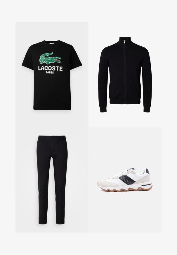 Sort langærmet lynlåstrøje med høj krave og ribstrikkede manchetter og kant, vist på en ens hvid baggrund.; Sort bomulds T-shirt med et grønt krokodillelogo og teksten "LACOSTE PARIS" i hvid. Korte ærmer og klassisk rund halsudskæring.; Sorte bukser lavet af glat bomuldsstof, med en lige ben design, forlommer, en knaplukning og en ren finish.; Hvid og beige sportssko med sort accentstribe, zigzagtread og snørelukning på en ensfarvet lysegrå baggrund.