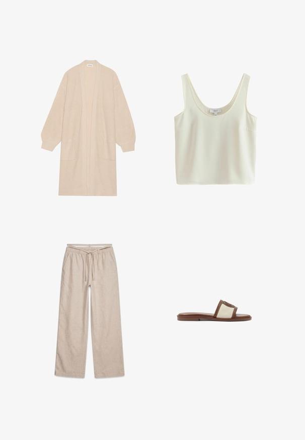 Largo cárdigan de punto beige con frente abierto, dos bolsillos frontales y puños y dobladillo acanalados.; Top corto sin mangas de color crema con tirantes anchos y escote redondo, hecho de tela suave.; Pantalones beige de pierna ancha con cintura elástica y cordón, bolsillos delanteros y pequeño logo "PEGADOR" en el lado derecho.; Sandalia deslizante de cuero marrón con una parte superior de tejido beige, suela plana y punta redondeada. El diseño incluye un acento con el logo en la correa.