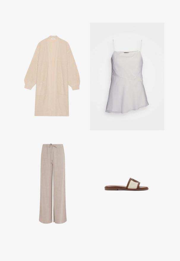 Lang beige strik cardigan med åben front, to frontlommer og ribbede manchetter og kant.; Hvid, ærmeløs top med tynde stropper, en afslappet pasform og et asymmetrisk design. Fremstillet af et glat, let stof.; Beige vidde-linnedbukser med elastisk talje og snørre foran, designet til afslappet pasform og casual brug.; Brune læderslidesandal med en beige vævet overdel, flad sål og rund tå. Designet inkluderer en logoakcent på remmen.