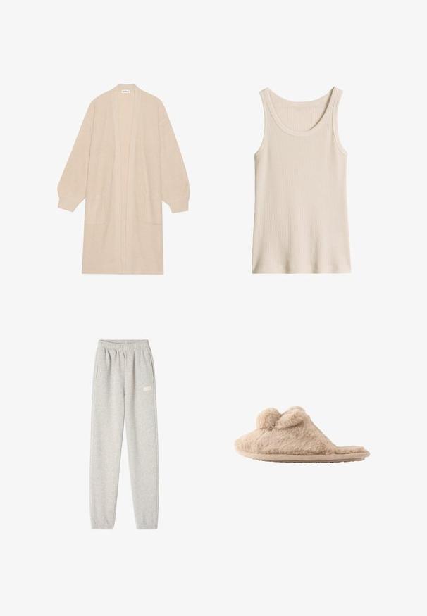 Lange beige gebreide cardigan met open voorkant, twee voorzakken en geribde manchetten en zoom.; Mouwloze beige geribbelde tanktop met een ronde hals en brede schouderbanden.; Grijze sweatpants van een zachte katoenmix, met een elastische tailleband, zijzakken en een klein logo op de linker bovenbeen.; Beige, pluizige instapslof met twee pompons bovenop en een platte zool, ontworpen voor binnenshuis gebruik.