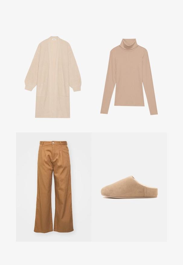 Long cardigan beige en tricot avec un devant ouvert, deux poches avant et des poignets et un ourlet côtelés.; Haut col roulé à manches longues en vissage beige, présenté à plat sur un fond clair.; Pantalons taille haute beige clair à jambe large en tissu texturé, avec des plis avant et une fermeture à bouton unique à la taille.; Chausson beige en daim à enfiler, doublure en peluche et semelle plate, bout fermé, arrière ouvert, avec un logo discret "UGG" sur le côté.