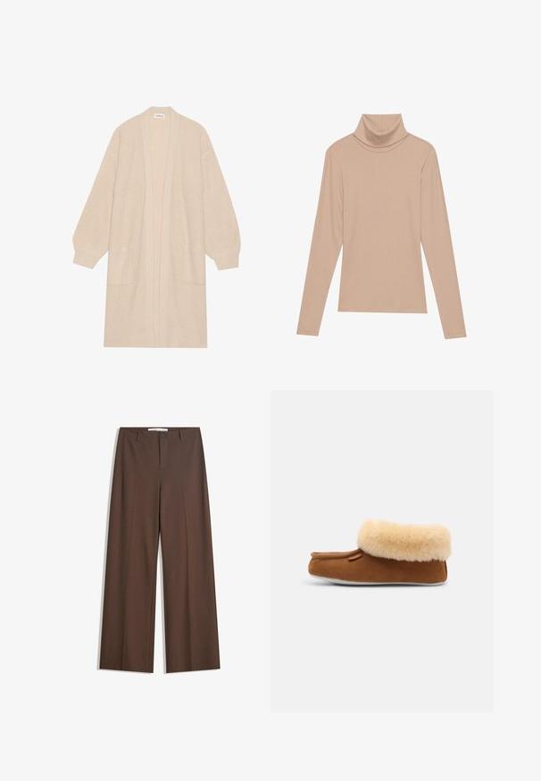 Long cardigan beige en tricot avec un devant ouvert, deux poches avant et des poignets et un ourlet côtelés.; Haut col roulé à manches longues en vissage beige, présenté à plat sur un fond clair.; Pantalons larges marron avec une texture lisse, des plis à l'avant, une fermeture à bouton et deux poches latérales. Conçus pour le confort et la polyvalence.; Pantoufle en suède marron avec un poignet en fausse fourrure beige, orteil arrondi et semelle plate blanche. Présente un branding minimal sur le côté.