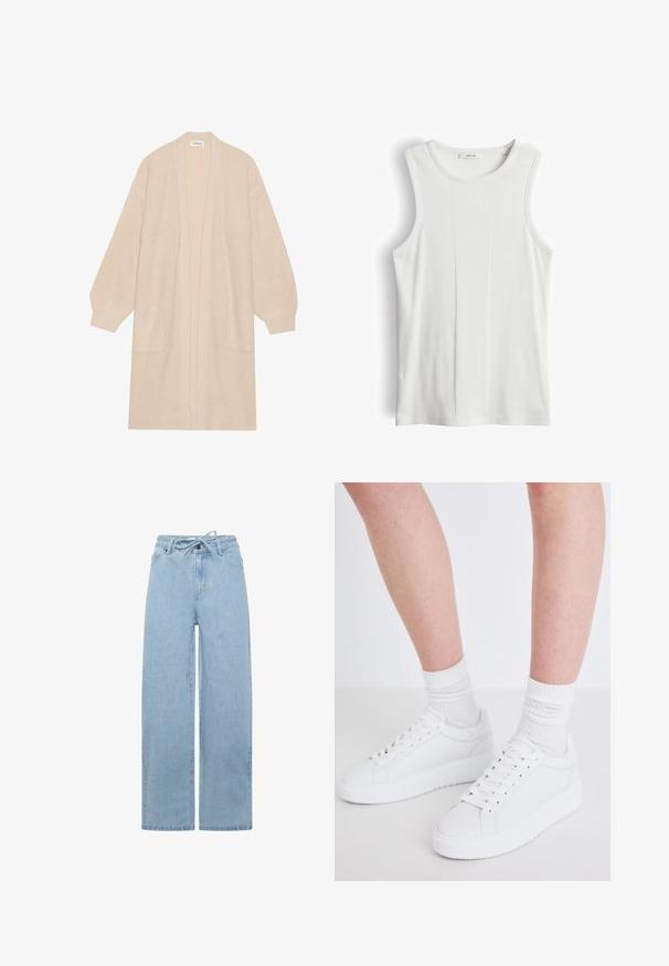 Lange beige gebreide cardigan met open voorkant, twee voorzakken en geribde manchetten en zoom.; Witte mouwloze geribbelde tanktop met ronde hals, maat 36, met verticale textuurstrepen in het midden.; Lichtblauwe wijdvallende jeans gemaakt van denim, met een drawstring taille en een standaard vijfzakken ontwerp. De stof heeft een soepel textuur.; Copenhagen Studios CPH72 - Sneakers laag - white