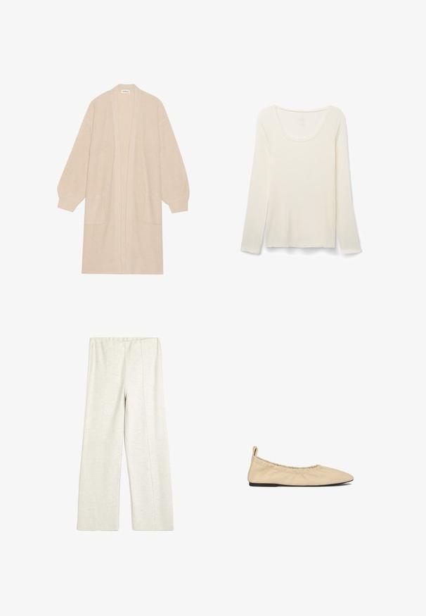 Lang beige strik cardigan med åben front, to frontlommer og ribbede manchetter og kant.; Flødefarvet, langærmet top med rund halsudskæring og blød, glat tekstur, vist fladt mod en hvid baggrund.; Koton WIDE LEG - Træningsbukser - beige; Beige læder balletflade med en folderet elastisk åbning, spids tå og flad sål. Blød tekstur med et minimalistisk design.