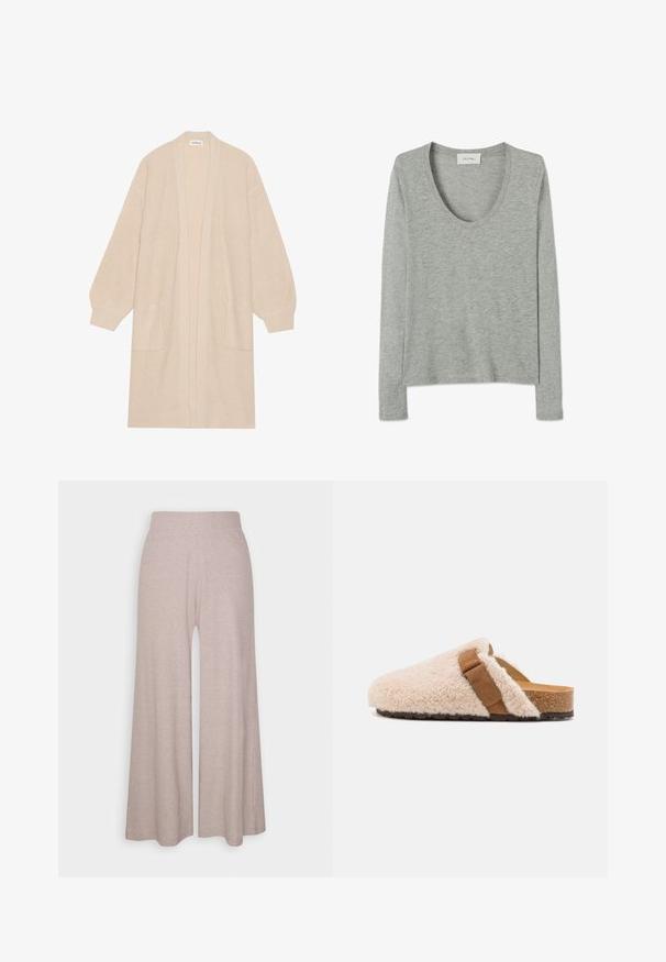 Lang beige strik cardigan med åben front, to frontlommer og ribbede manchetter og kant.; Langærmet lysegrå meleret skjorte med rund halsudskæring og blødt stof, lagt fladt på hvid baggrund.; Lys grå bredbenede bukser lavet af blødt ribbet stof, med høj talje og fuldlængde ben med subtil tekstur.; Beige shearling slip-on klipklapper med en brun suedebånd, korkfod og struktureret gummiyderside, designet til komfort og afslappet brug.
