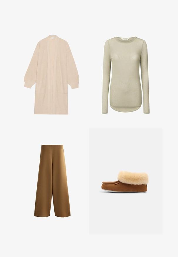 Long cardigan beige en tricot avec un devant ouvert, deux poches avant et des poignets et un ourlet côtelés.; Chemise beige clair à manches longues avec un col rond et un ourlet incurvé. Fabriquée en tissu doux et lisse, avec des coutures minimales et sans motifs.; Pantalon marron en maille à jambes larges et taille haute, avec une ceinture côtelée et un léger détail texturé sur les coutures latérales extérieures.; Pantoufle en suède marron avec un poignet en fausse fourrure beige, orteil arrondi et semelle plate blanche. Présente un branding minimal sur le côté.
