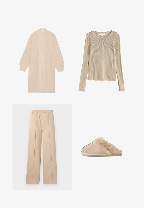 Largo cárdigan de punto beige con frente abierto, dos bolsillos frontales y puños y dobladillo acanalados.; Jersey beige de punto con canalé, manga larga, cuello redondo y corte ajustado, mostrado plano con etiqueta visible en el cuello.; Pantalones anchos beige con cinturilla elástica, que presentan dos líneas de pliegue verticales, tela suave y un diseño sencillo.; Zapatilla beige sin cordones con exterior de ante suave y forro interior y borde mullidos y esponjosos, diseñada para la comodidad en interiores.