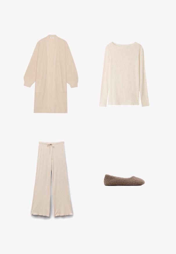 Lang beige strik cardigan med åben front, to frontlommer og ribbede manchetter og kant.; Langærmet, lysebeige striktop med bådudskæring og subtil meleret tekstur.; Beige brede bukser med elastisk talje og snøring foran, lavet af blødt, letvægtsstof.; Brun, fleece-fodret ballet flats med rund tå. Blød tekstur og sømløst design, der har en lav profil. Ingen synlige detaljer.