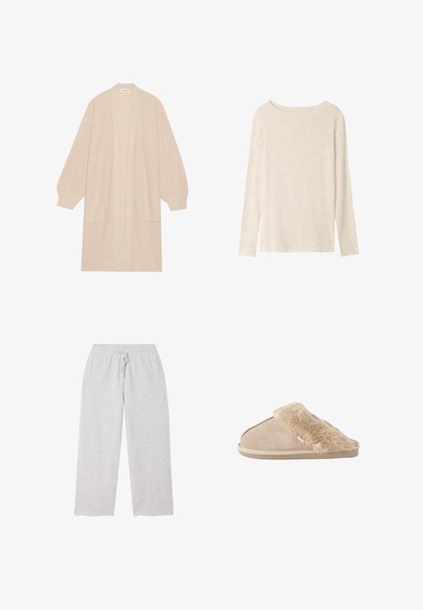 Lang beige strik cardigan med åben front, to frontlommer og ribbede manchetter og kant.; Langærmet, lysebeige striktop med bådudskæring og subtil meleret tekstur.; Lysegrå brede joggingbukser med elastik i taljen og snøre, samt lommer på begge sider.; Beige slip-on tøfler med blødt ruskind yderside og blødt, fluffy inderfor og manchet, designet til komfort indendørs.