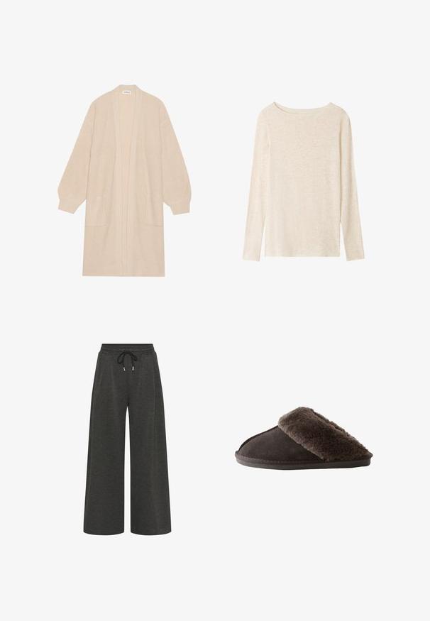 Lang beige strik cardigan med åben front, to frontlommer og ribbede manchetter og kant.; Langærmet, lysebeige striktop med bådudskæring og subtil meleret tekstur.; Mørkegrå, bredbenede bukser lavet af blødt stof, med elastisk talje og snøre samt to sidelommer.; Mørkebrun slip-on tøfler med blødt, fluffy pelsforet omkring åbningen og en flad gummisål.