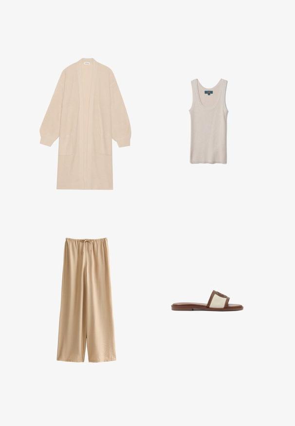 Largo cárdigan de punto beige con frente abierto, dos bolsillos frontales y puños y dobladillo acanalados.; Camiseta sin mangas beige de punto acanalado con escote redondo, mostrada extendida con etiqueta de la marca OVS dentro del cuello trasero.; Pantalones de pierna ancha de color nude, hechos de una tela suave y ligera, con una cintura elástica con cordón y un ajuste holgado.; Sandalia deslizante de cuero marrón con una parte superior de tejido beige, suela plana y punta redondeada. El diseño incluye un acento con el logo en la correa.