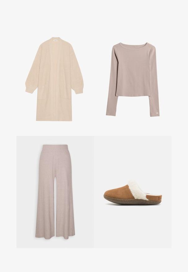 Long cardigan beige en tricot avec un devant ouvert, deux poches avant et des poignets et un ourlet côtelés.; Chemise à manches longues beige clair en tissu doux et extensible. Présente un décolleté large et un ourlet légèrement court. Détails de couture subtils.; Pantalons larges gris clair fabriqués en tissu doux et côtelé, dotés d'une taille haute et de jambes longues avec une texture subtile.; Chausson en suède marron à enfiler avec une doublure blanche duveteuse et une semelle texturée. Présente un bord cousu et un petit détail de marque sur le talon.