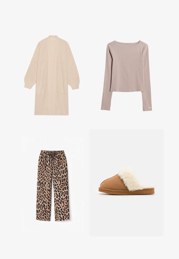 Long cardigan beige en tricot avec un devant ouvert, deux poches avant et des poignets et un ourlet côtelés.; Chemise à manches longues beige clair en tissu doux et extensible. Présente un décolleté large et un ourlet légèrement court. Détails de couture subtils.; Pantalon ample à imprimé léopard en tissu doux. Il possède une ceinture élastique avec un cordon de serrage. Les couleurs incluent le marron clair et le noir.; Pantoufle en suede marron avec un manchon en fausse fourrure blanche, design à bout fermé, semelle plate et détails de couture visibles le long des bords.