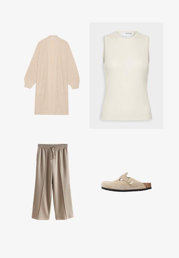 Largo cárdigan de punto beige con frente abierto, dos bolsillos frontales y puños y dobladillo acanalados.; Selected Knitted Sleeveless - Top - birch; Pantalones beige de pierna ancha fabricados con una tela suave. Presentan una cintura elástica, cierre con cordón y un ajuste relajado con pinzas en la parte delantera.; Zueco de ante beige sin cordones con punta redonda, correa ajustable, plantilla de corcho y suela de goma negra para mayor agarre.