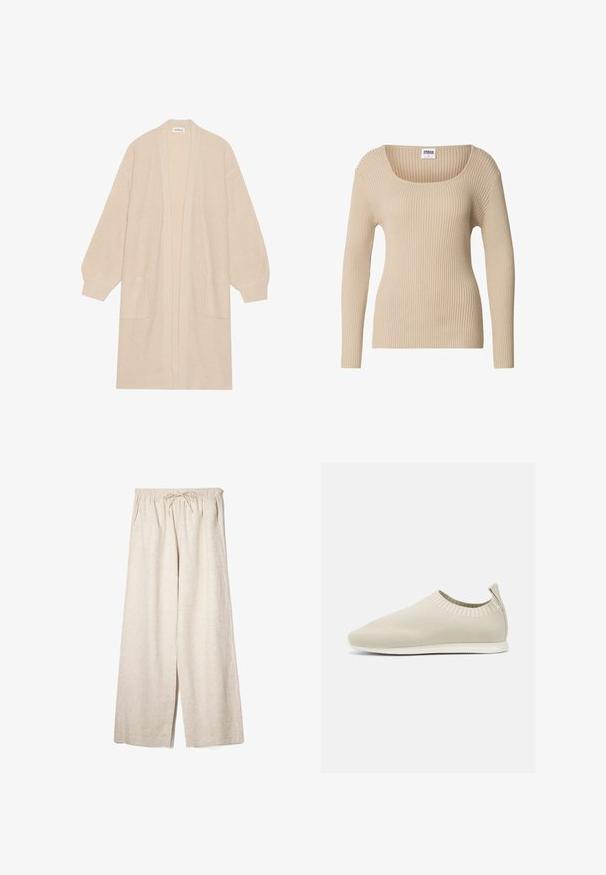 Long cardigan beige en tricot avec un devant ouvert, deux poches avant et des poignets et un ourlet côtelés.; Pull côtelé beige avec un col carré et des manches longues, fabriqué en tissu doux et texturé. Design simple, idéal pour superposer.; Pantalons larges beiges en tissu léger avec une taille élastique et un cordon de serrage. Ils possèdent des poches latérales et une silhouette fluide.; Chaussure slip-on en tricot beige avec profil bas, tige texturée et semelle flexible. Présente un design tissé autour de la cheville pour plus de confort.