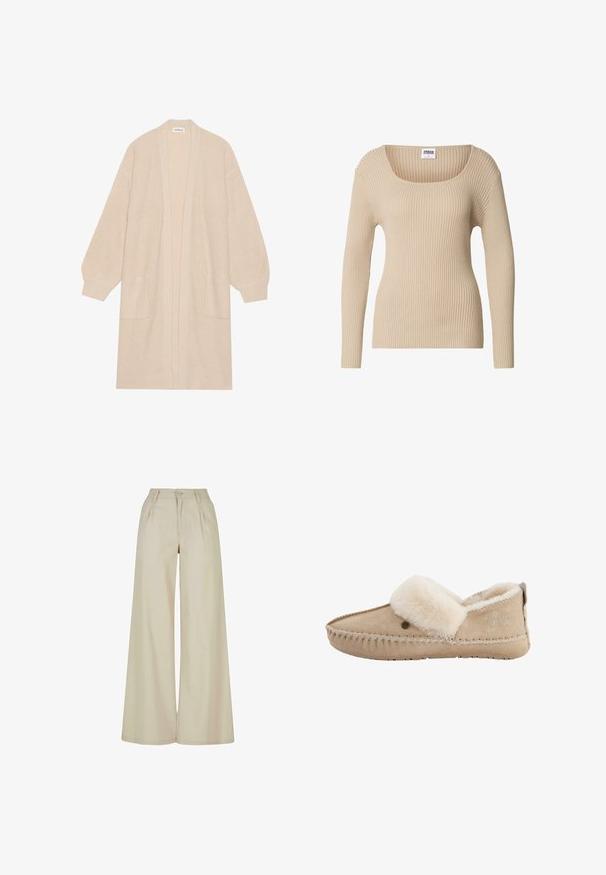 Lange beige gebreide cardigan met open voorkant, twee voorzakken en geribde manchetten en zoom.; Beige ribgebreide trui met een vierkante halslijn en lange mouwen, gemaakt van zachte, gestructureerde stof. Eenvoudig ontwerp, geschikt om te combineren.; Beige broek met wijde pijpen en hoge taille, plooien aan de voorkant, riemlussen en knoopsluiting.; Beige suède slippers met een luxe crèmekleurige bontvoering, gesloten achterkant, decoratieve stiksels en een klein logo aan de zijkant.