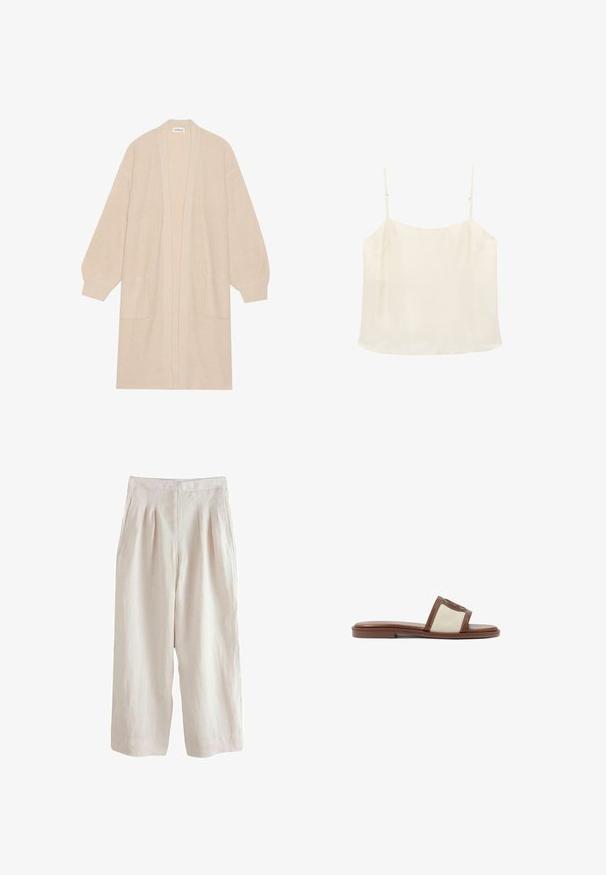 Long cardigan beige en tricot avec un devant ouvert, deux poches avant et des poignets et un ourlet côtelés.; Haut caraco sans manches de couleur crème avec fines bretelles ajustables et encolure droite sur fond blanc.; Pantalon en lin beige clair à jambe large, avec des plis à l'avant et des poches latérales, offrant une finition texturée.; Sandale à glisser en cuir marron avec une tige tissée beige, semelle plate et bout arrondi. Le design inclut un accent logo sur la sangle.