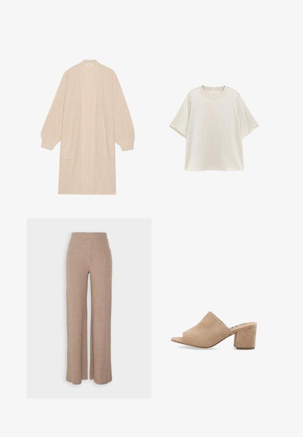 Long cardigan beige en tricot avec un devant ouvert, deux poches avant et des poignets et un ourlet côtelés.; T-shirt uni beige clair à manches courtes avec col rond, coupe ample, présenté à plat sur fond blanc.; Pantalons larges en beige à côtes avec une taille haute et une texture douce, présentant une coupe loose et sans fermetures visibles.; Mules en daim beige à bout ouvert avec un talon bloc, présentant une texture lisse et un design ample sur le dessus. Pas de matériel visible ni de motifs.