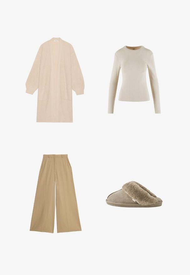 Lang beige strik cardigan med åben front, to frontlommer og ribbede manchetter og kant.; Beige langærmet ribbet top med rund halsudskæring; har en tætsiddende design og et lille logo-accent på manchetten.; Beige brede bukser lavet af et let væv, med to sidelommer, flad front og en glat overflade.; Beige slip-on tøfler med blød, plyssede pelsforing omkring åbningen og en ydersål med ruskindslignende overflade.