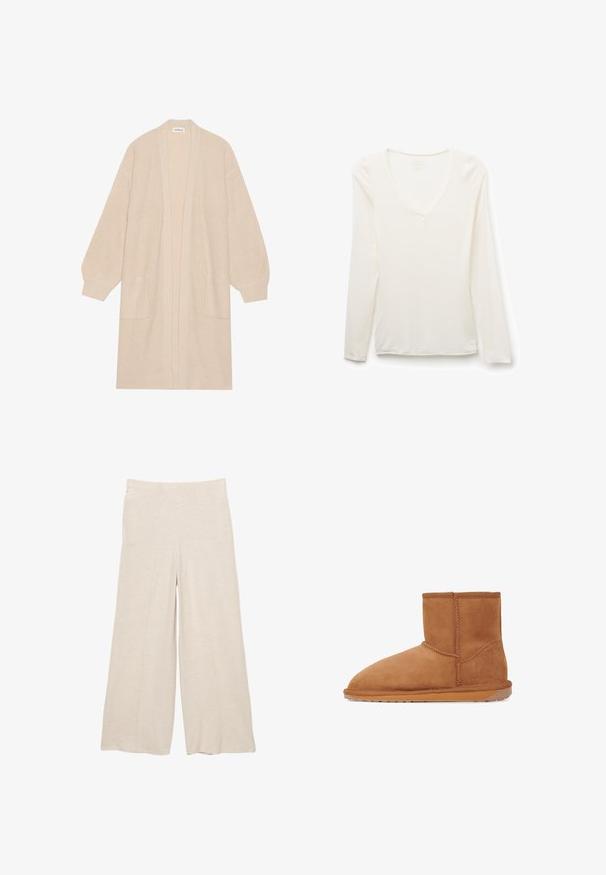 Lang beige strik cardigan med åben front, to frontlommer og ribbede manchetter og kant.; Hvid V-hals skjorte med lange ærmer, slim fit, lagt fladt på en hvid baggrund.; Beige brede bukser lavet af blødt stof, med høj talje og front sømdetaljer. Casual og afslappet pasform uden lommer.; Tan ruskinds ankelstøvle med rund tå, lodrette sømme og en tekstureret gummisål. Har et logo-accent på bagsiden.