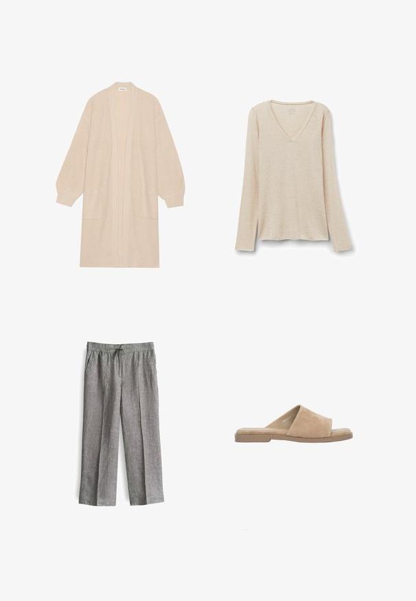 Lange beige gebreide cardigan met open voorkant, twee voorzakken en geribde manchetten en zoom.; Langarm V-hals top in lichtbeige stof met een zachte textuur. Relaxte pasvorm met een rechte zoom en een minimalistisch ontwerp.; Lichtgrijze linnenbroek met een losse pasvorm, een tailleband met koord, twee zijzakken en plooi-details aan de voorkant.; Beige suède open-toe platte slipper met brede band en gevoerde binnenzool, afgebeeld op een witte achtergrond.