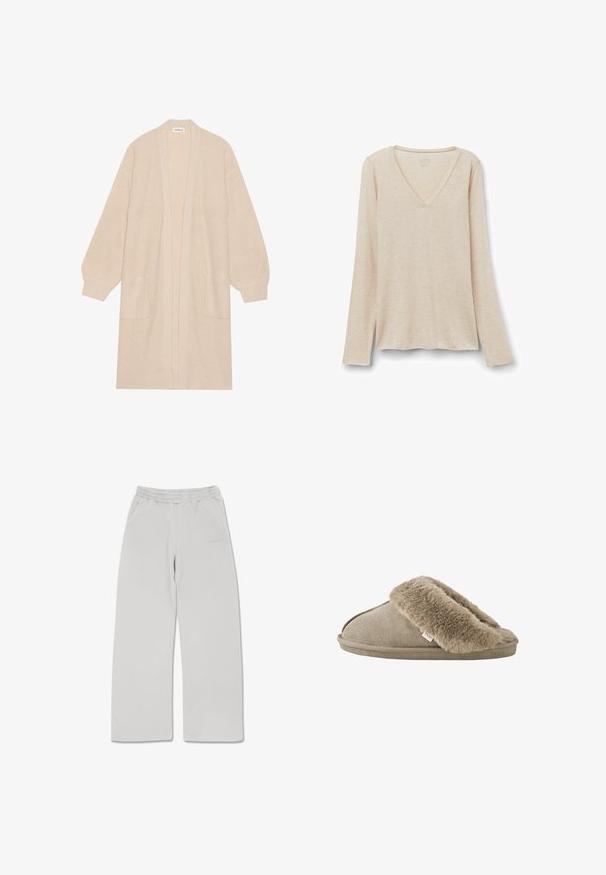 Lang beige strik cardigan med åben front, to frontlommer og ribbede manchetter og kant.; Langærmet V-hals top i lys beige stof med en blød tekstur. Afslappet pasform med lige kant og minimalistisk design.; Lysegrå sweatpants lavet af blødt stof, med elastisk talje, to sidelommer og lige snit.; Beige slip-on tøfler med blød, plyssede pelsforing omkring åbningen og en ydersål med ruskindslignende overflade.
