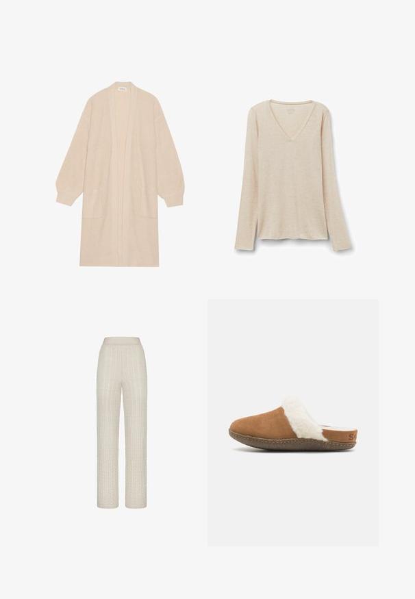 Lang beige strik cardigan med åben front, to frontlommer og ribbede manchetter og kant.; Langærmet V-hals top i lys beige stof med en blød tekstur. Afslappet pasform med lige kant og minimalistisk design.; Lys beige kabelstrikkede bukser med en bred talje, der har hævede teksturmønstre og en afslappet, lige pasform.; Brune ruskindssutsko med en hvid fluffy foring og en tekstureret sål. Har en syet kant og en lille brandingdetalje på hælen.