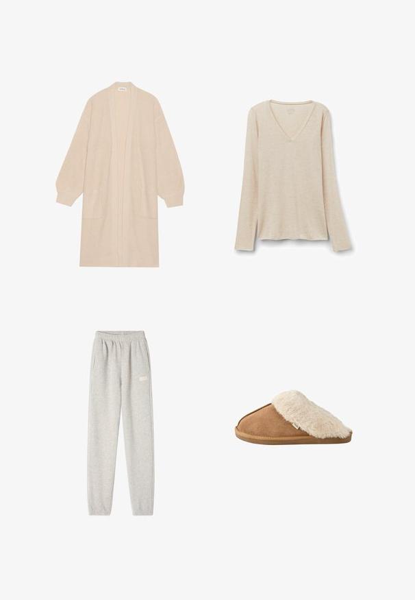 Lange beige gebreide cardigan met open voorkant, twee voorzakken en geribde manchetten en zoom.; Langarm V-hals top in lichtbeige stof met een zachte textuur. Relaxte pasvorm met een rechte zoom en een minimalistisch ontwerp.; Grijze sweatpants van een zachte katoenmix, met een elastische tailleband, zijzakken en een klein logo op de linker bovenbeen.; Bruine instapslipper met zachte beige nep bont voering en zool, zijkant gezien op witte achtergrond.