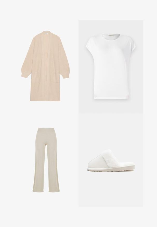 Long cardigan beige en tricot avec un devant ouvert, deux poches avant et des poignets et un ourlet côtelés.; T-shirt blanc à manches courtes avec un col rond, texture douce et design simple. Lignes épurées avec une coupe décontractée.; Pantalons larges beige avec une texture en ribbed lisse, taille élastique et sans ornements visibles, offrant une silhouette décontractée.; Chausson blanc avec une bande en fausse fourrure douce, tige en feutre, semelle matelassée et fond en caoutchouc texturé pour l'adhérence. Design simple et arrondi.