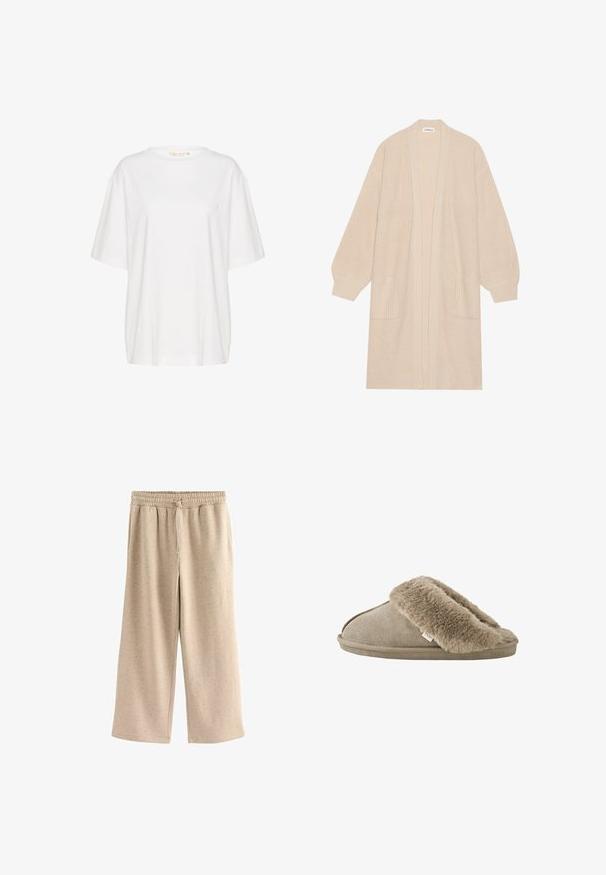 Largo cárdigan de punto beige con frente abierto, dos bolsillos frontales y puños y dobladillo acanalados.; Camiseta de manga corta blanca, confeccionada en algodón suave. Presenta un escote redondo y un discreto detalle de logo en el lado izquierdo del pecho. Diseño de corte recto.; Pantalones de pierna ancha beige fabricados con una tela suave, con una cinturilla elástica y cordones, y una sutil textura moteada en toda su superficie.; Zapatilla beige sin talón con forro interior de suave piel sintética alrededor de la abertura y suela exterior con apariencia de ante.