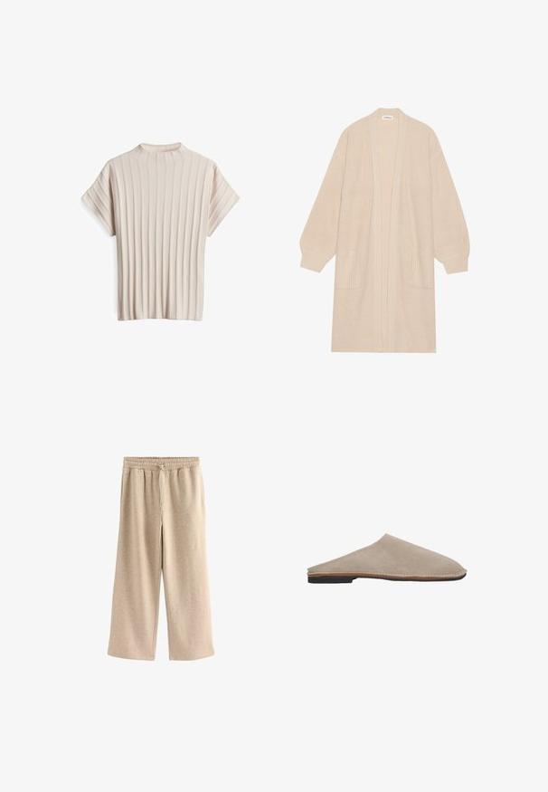Long cardigan beige en tricot avec un devant ouvert, deux poches avant et des poignets et un ourlet côtelés.; Haut beige à manches courtes en tissu côtelé, avec un col montant et des lignes verticales pour la texture et le détail de conception.; Pantalons larges de couleur crème en tissu doux en mélange de coton. Ils présentent une taille élastique avec cordon de serrage et une texture subtilement mouchetée.; Mule à enfiler en suède beige avec une texture lisse, bout arrondi et une semelle intermédiaire en cuir brun fin. Semelle extérieure en caoutchouc noir plate.