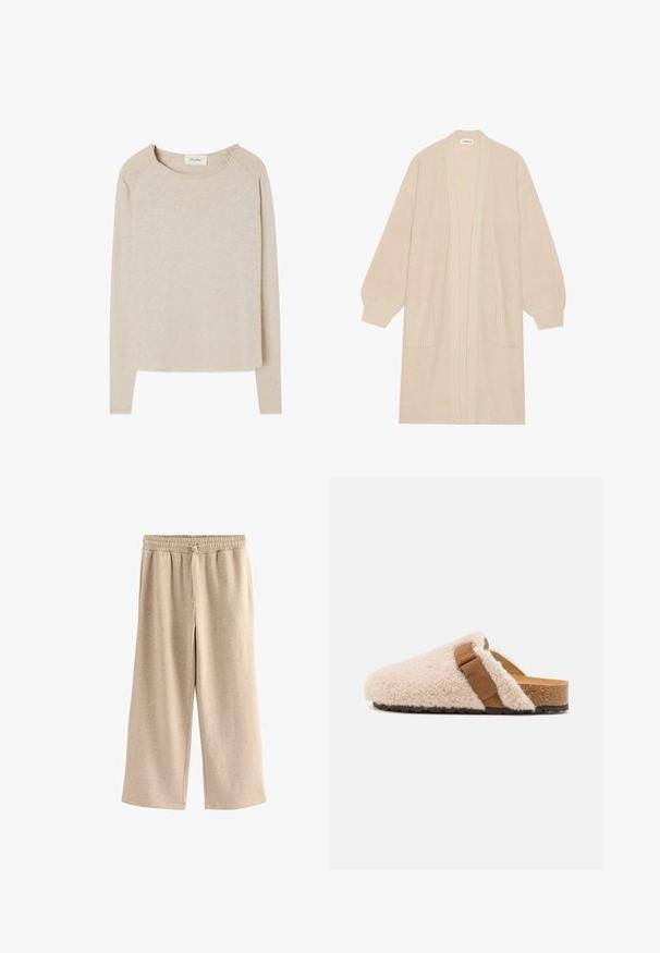 Lang beige strik cardigan med åben front, to frontlommer og ribbede manchetter og kant.; Beige langærmet top med et blødt, struktureret stof. Har en rund halsudskæring og raglanærmer. Buet søm med en afslappet pasform.; Beige vide benbukser lavet af blødt stof, med en elastisk talje og snor, og en diskret prikket tekstur hele vejen igennem.; Beige shearling slip-on klipklapper med en brun suedebånd, korkfod og struktureret gummiyderside, designet til komfort og afslappet brug.