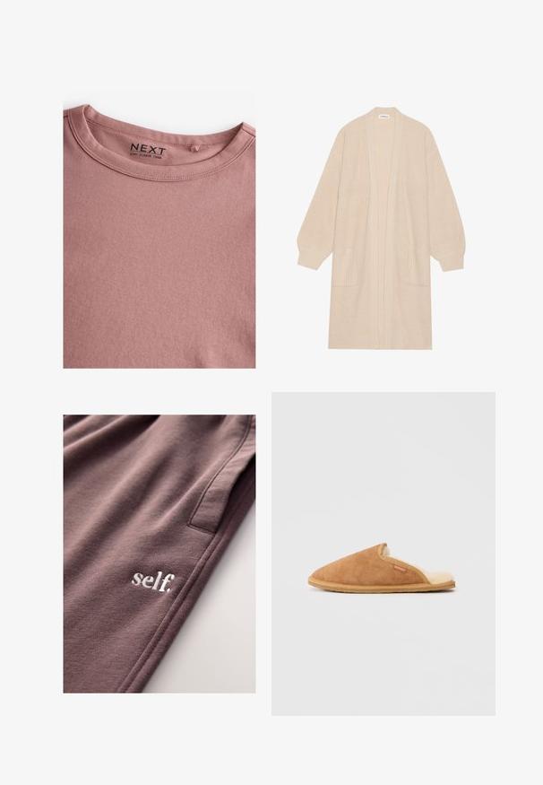 Largo cárdigan de punto beige con frente abierto, dos bolsillos frontales y puños y dobladillo acanalados.; Camiseta de manga larga en color rosa polvoriento, hecha de algodón suave, con un sencillo cuello redondo y una textura lisa. La etiqueta dice "NEXT."; Pantalones de chándal de algodón en un tono malva apagado con una textura suave, que presentan un pequeño logo blanco bordado "self." en el lado frontal izquierdo.; Zapatilla de ante marrón con un suave forro de lana de color crema y suela de goma marrón. Presenta una punta redondeada y un diseño de corte lateral.