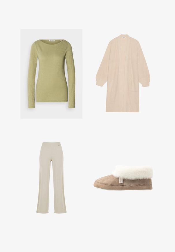 Lange beige gebreide cardigan met open voorkant, twee voorzakken en geribde manchetten en zoom.; Langemouwige top in licht olijfgroen, gemaakt van een zachte, gestructureerde stof. Heeft een brede halslijn en een aansluitende silhouet.; Beige wijde broek met een gladde ribbelstructuur, elastische tailleband en geen zichtbare versieringen, die een ontspannen silhouet biedt.; Tan suède slippers met een witte fluffy schacht, zachte textuur, rond neusdesign en een witte buitenzool. Heeft een zichtbare gestikte naad en label.