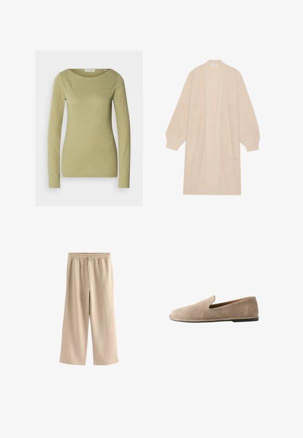 Lange beige gebreide cardigan met open voorkant, twee voorzakken en geribde manchetten en zoom.; Langemouwige top in licht olijfgroen, gemaakt van een zachte, gestructureerde stof. Heeft een brede halslijn en een aansluitende silhouet.; Crème-kleurige wijde broek gemaakt van een zachte katoenmix. Heeft een elastische tailleband met trekkoord en een subtiele gespikkelde textuur.; Beige suède instapschoen met afgeronde neus, lage platte hak, doorgenaaide zool en elastische zij inzet voor gemakkelijk aan- en uittrekken.